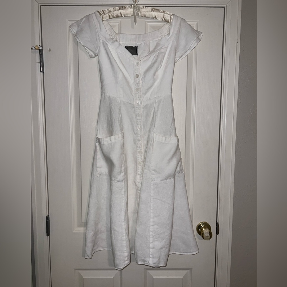 Reformation White Linen Bardot Midi Dress with Button Detail and Pockets